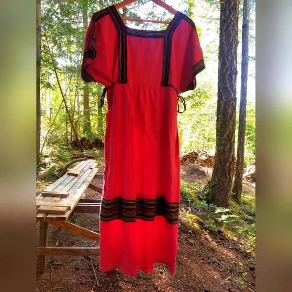 Summer Dress Red Embroidered Maxi Short Sleeve Square Neck Thailand Cotton Med - Picture 9 of 14